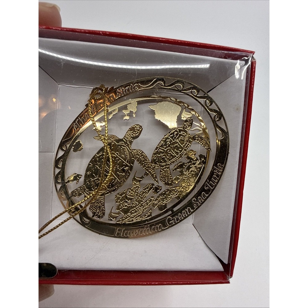 Hawaii Christmas Ornament Green Sea Turtle 24K Gold Finish Brass In Box